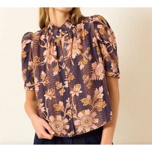 Alix of Bohemia NWT Winn Wavy Zinnia Shirt Size Small Cotton Silk Puff Shoulders